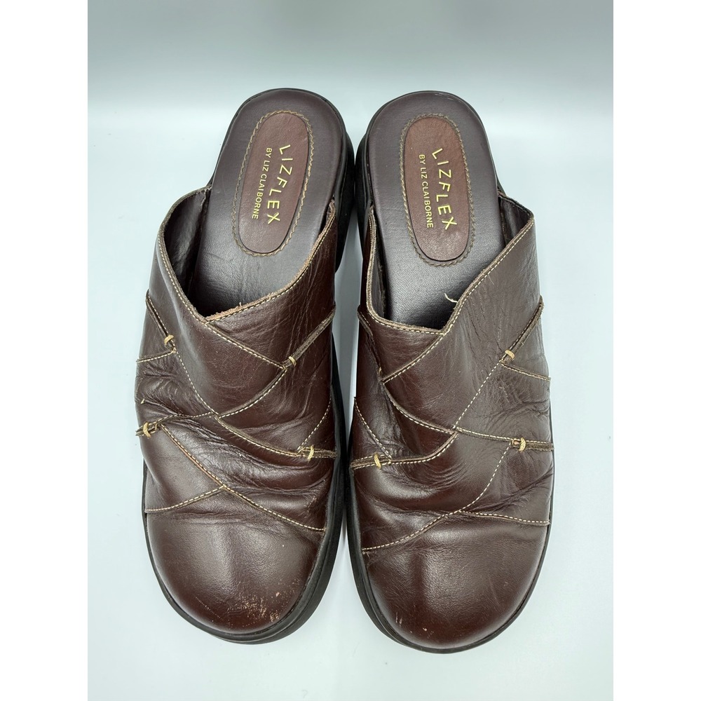 Liz Claiborne LizFlex Flyer Mules Womens 10M Brown Leather Platform Clogs